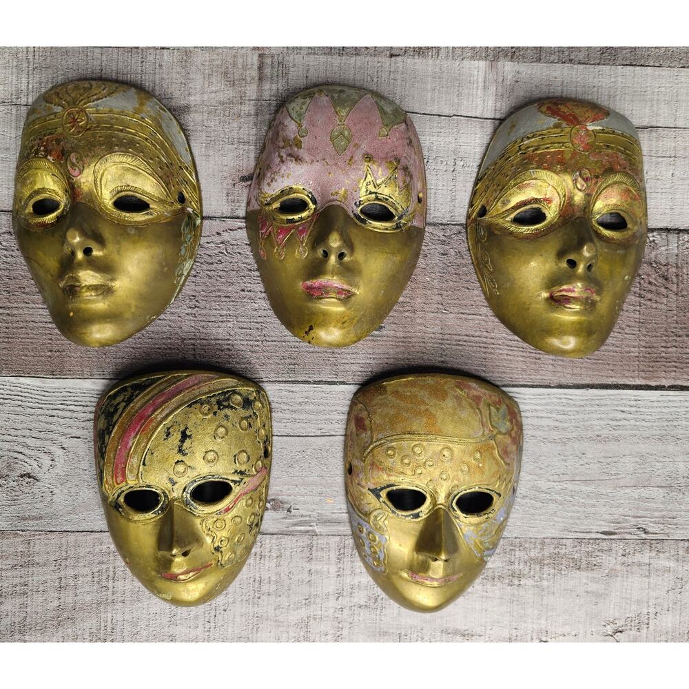 5 REMCO Solid Brass Mini MASK Wall Art India Vintage Gift Decoration
